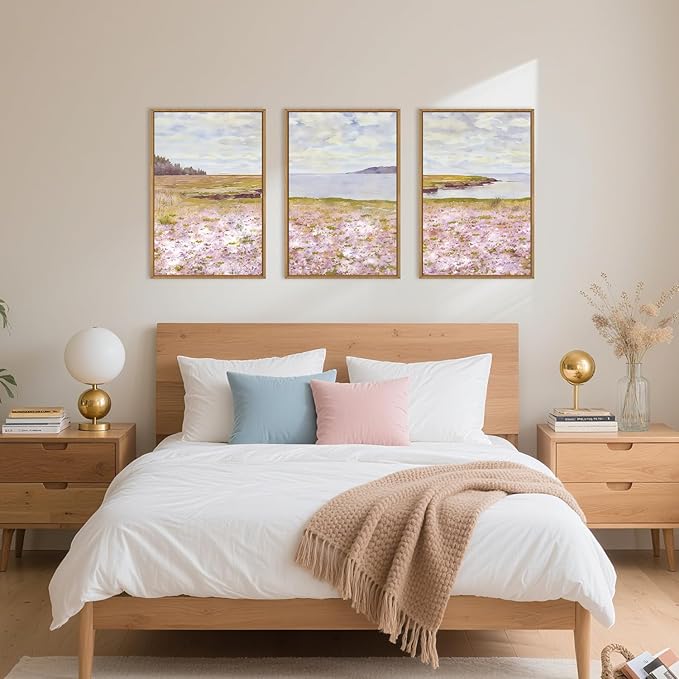 HOURIA Pink Wildflower Coastal Landscape Framed Canvas Wall Art Set,Green Meadow Field Wall Decor,Watercolor Beach Wall Painting,Modern Seaside Wall Decor for Living Room, Bedroom, Farmhouse-24"x36"x3