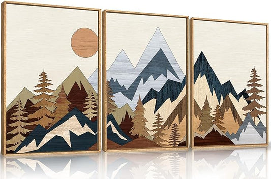 HOURIA Mid Century Mountain Woodland Framed Wall Art Set,Boho Sunrise Pine Tree Wall Decor,Wilderness Nature Forest Artwork,Modern Woodcut Field Art Print for Living Room,Bedroom,Office- 16"x24"x3