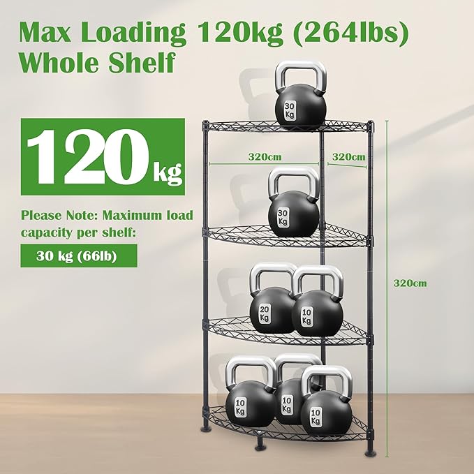 4-Shelf Carbon Steel Corner Storage Shelves with Adjustable Sturdy Wire Shelving Unit, Bookshelf Display Racks Organizer for Bedroom Living Room Kitchen Garage Pantry Closet (Max Load 120kg/265lbs)