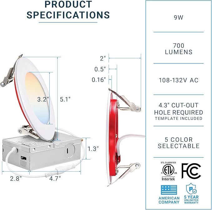 PARMIDA (6 Pack) 4 Inch 2HR Fire Rated LED Recessed Light, ETL, 5 Color Selectable 2700/3000/3500/4000/5000K, 9W Dimmable Ultrathin Canless Wafer Slim Panel Downlight, Wet/IC Rated, No Tenmat Needed