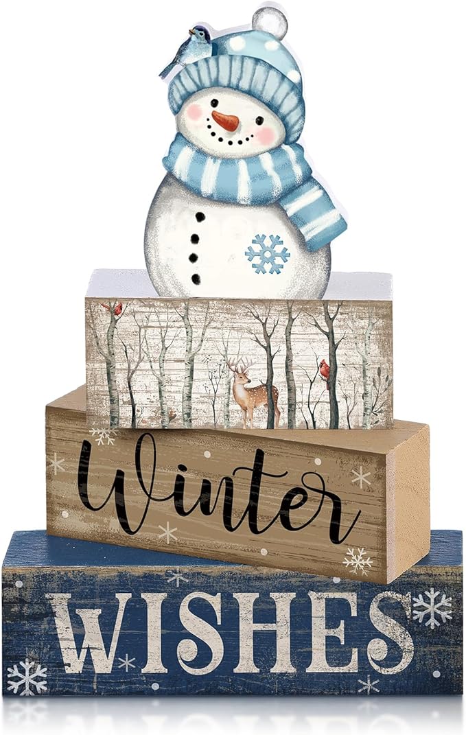 4 Pcs Christmas Snowman Decor Snowman Tiered Tray Decor Wooden Rustic Winter Block Sign Christmas Farmhouse Tabletop Centerpiece for Home Tabletop Kitchen Shelf Party Gift
