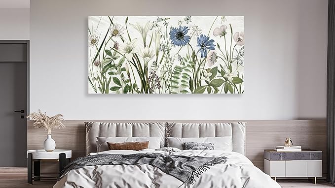 NINEASO Botanical Canvas Wall Art - Wildflower Pictures Floral Wall Decor Nature Prints Green Blue Flower Plants Painting Artwork for Living Room Bedroom Home Office Decorations 20" x 40"