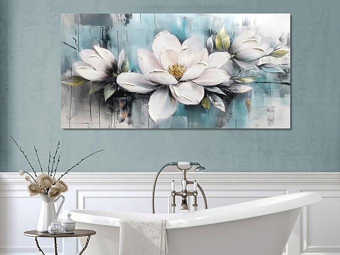 Ardemy Flower Wall Art for Living Room White Floral Canvas Bedroom Painting Magnolia Wildflower Picture Teal Grey Artwork Framed Bathroom Home Office Dining Room Wall Decor, Large 40"x20"