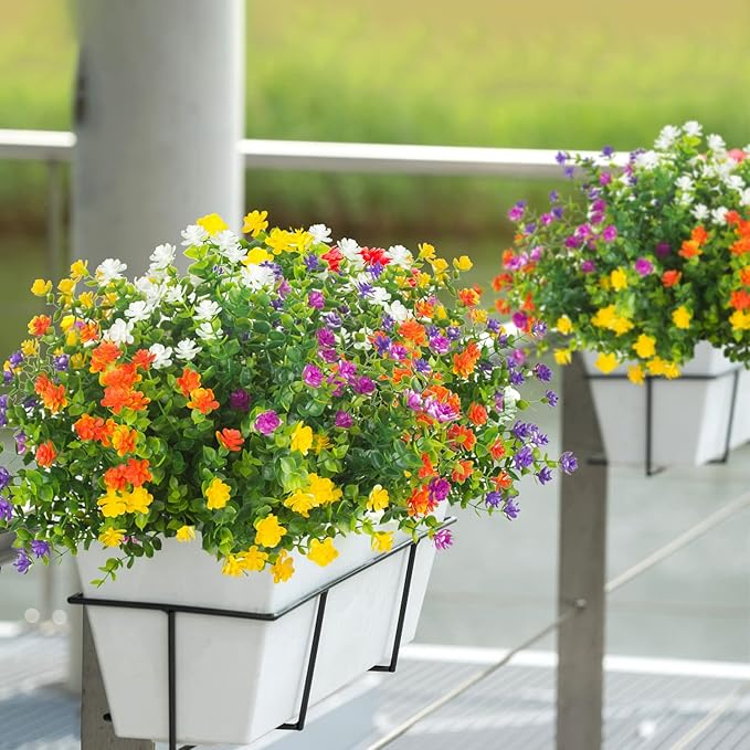 20 Bundles Outdoor Artificial Fake Flowers UV Resistant Boxwood Faux Plastic Plants for Hanging Garden Porch Window Box Outside Decoration(Mix)