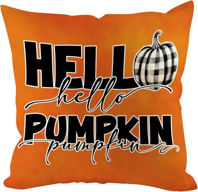 Fall Pumpkin Pillow Covers 16x16 inch Set of 4, Linen Autumn Outdoor Thanksgiving Harvest Farmhouse Buffalo Check Truck Orange Decorations for Sofa Couch