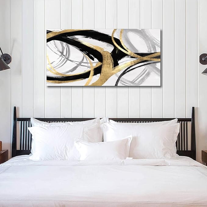 Kureful Gold Wall Decor - Black Canvas Wall Art for Living Room- Large Line Artwork - 20" x 40" Oil Painting Abstract Pictures for Bedroom Kitchen Home Office