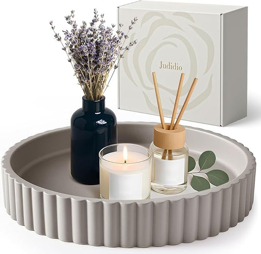 Decor Tray for Coffee Table Decor, Round Serving Circle Concrete Large Stone Trays for Minimalist Home Modern Dining Centerpiece Bathroom Kitchen Island Counter Contemporary