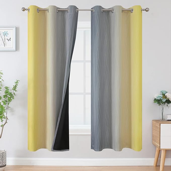 Estelar Textiler Ombre Grey and Yellow Blackout Curtains 72 Inch Length 2 Panels, Full Light Blocking Curtains for Living Room,Grommet Thermal Insulated Gradient Drapes for Bedroom, 42x72 Inch
