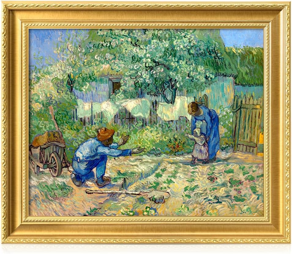 DECORARTS - First Steps, after Millet by Vincent Van Gogh. Giclee Print on Acid-Free Canvas in Gold Solid Wood Frame. Picture Size: 20x16, Total Size: 24.75x20.75, Made in USA
