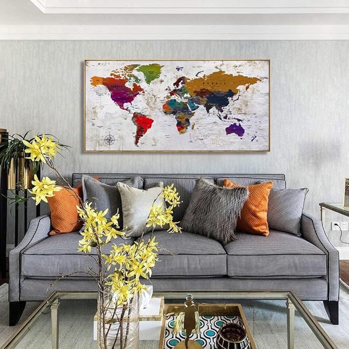 Framed Wall Art World Map Wall Art Canvas Picture 30inx60in Large Antiqued Map of The World Canvas Painting Artwork Prints for Office Wall Decor Home Living Room Decorations Framed Ready to Hang