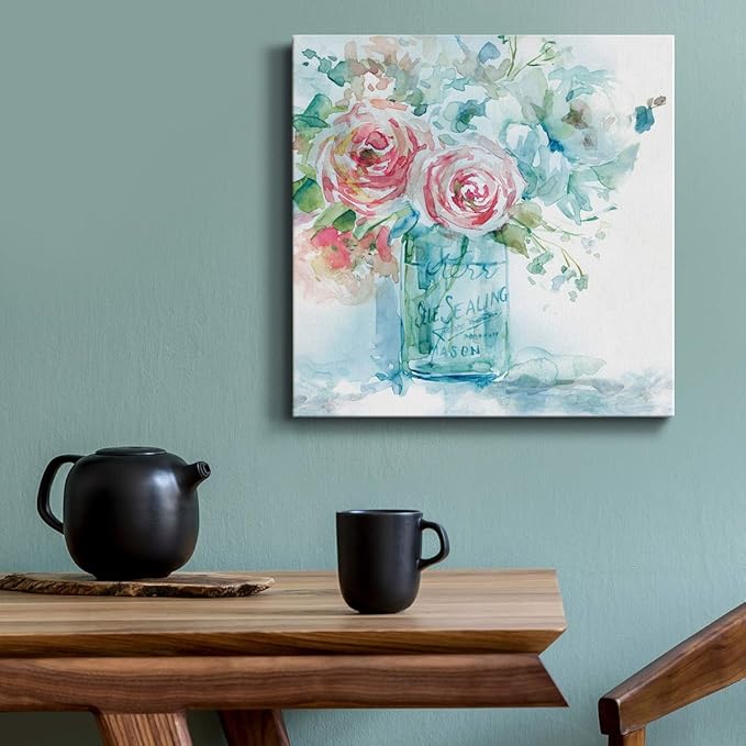 Square Premium Gallery Wrapped Canvas Flower Multicolor Wall Art Abstract Floral Romance Modern Pictures Print for Home Office, Ready to Hang