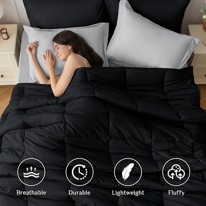 JOLLYVOGUE Queen Comforter Set, Ultra-Soft Bed in a Bag Queen Size 7 Pieces, Oeko-TEX Certified Bedding Set with Down Alternative Comforter, Sheets, Pillowcases & Shams, Black & Light Grey