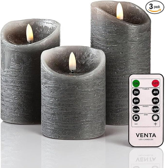 VENTA Grey Flameless Pillar Candles, Set of 3 | Real Wax Battery Operated LED Candles with Remote & Timer | Perfect for Modern Farmhouse, Industrial & Minimalist Decor