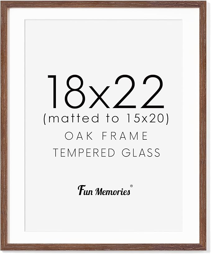Fun Memories Solid Oak Walnut 18x22 Picture Frame with Real Glass, Matted for 15x20, Home Decor (Walnut, 1 Pack)