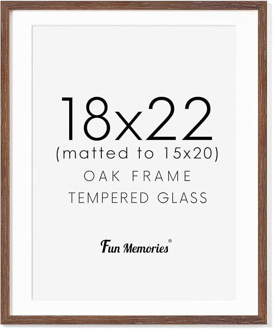 Fun Memories Solid Oak Walnut 18x22 Picture Frame with Real Glass, Matted for 15x20, Home Decor (Walnut, 1 Pack)