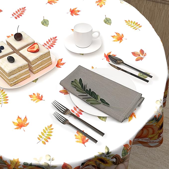 Kawani Fall Round Tablecloth 60 Inch Autumn Harvest Pumpkin Tablecloth Round Farmhouse Rustic Orange Maple Leaf Table Cover Thanksgiving Print Decorative Table Cloth for Home Kitchen Dining Party