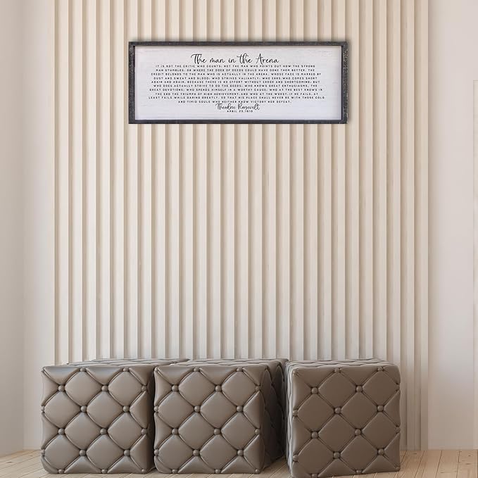 Surfapans The Man In The Arena Wall Decor 40"x15" Morden Office Motivational Wood Framed Sign For Men Large Farmhouse Living Room Inspirational Quotes Positive Speech Home Wall Decoration (Black)