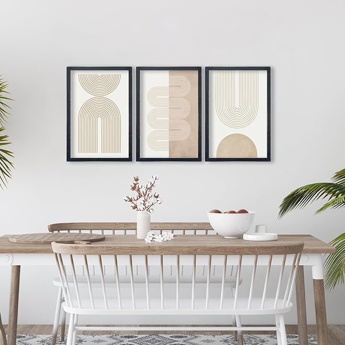 Wall Art Set of 3 Geometric Beige Spiral Wave 16"x11" Wooden Framed Mid Century Organic Abstract Neutral Sign Prints Nordic Boho Office Living Room Master Bedroom Wall Hang Decor (Black)