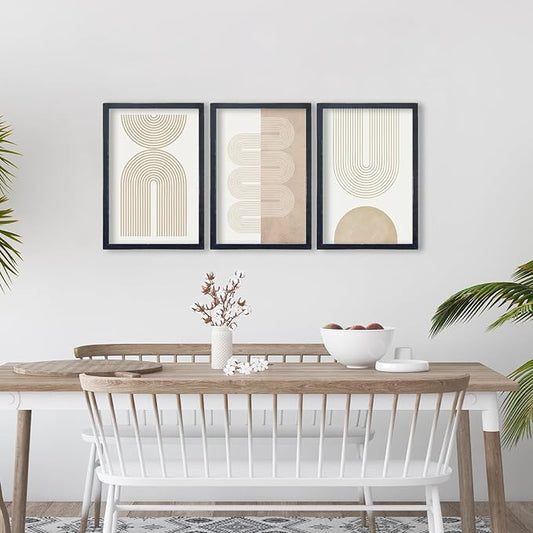 Wall Art Set of 3 Geometric Beige Spiral Wave 16"x11" Wooden Framed Mid Century Organic Abstract Neutral Sign Prints Nordic Boho Office Living Room Master Bedroom Wall Hang Decor (Black)