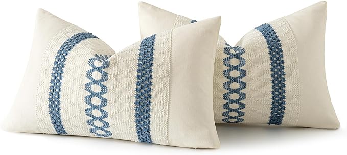 MIULEE Set of 2 Coastal Blue Boho Decorative Lumbar Pillow Covers 12x20 Inch Farmhouse Rustic Couch Throw Pillows Modern Summer Cushion Covers Retro Cute Macrame Woven Home Decor for Bed Sofa Chair