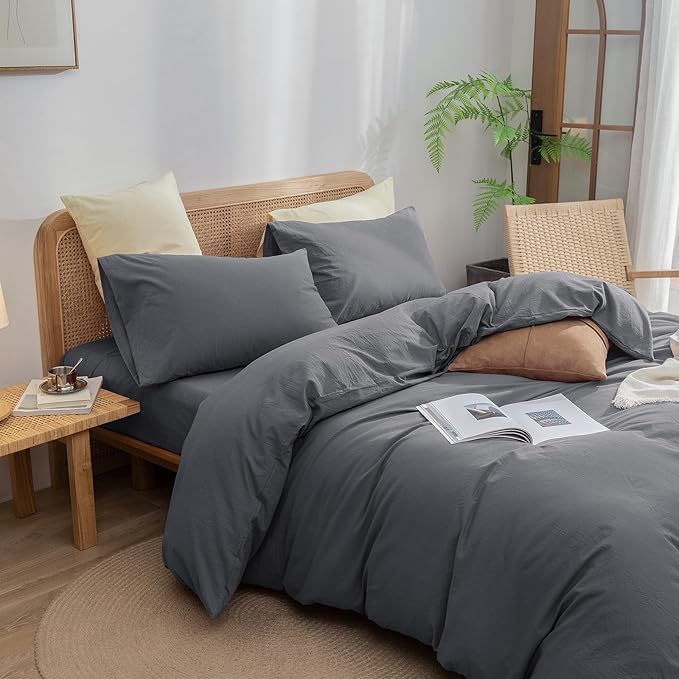 BESTOUCH Duvet Cover Set 100% Washed Cotton Linen Feel Super Soft Comfortable Chic Lightweight 3 PCs Home Bedding Set Solid Quiet Shade Grey Oversized Queen