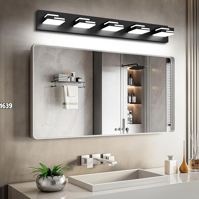 LED Modern Bathroom Vanity Light Fixtures, 5-Light 34-inch Dimmable Matte Black Vanity Lights for Bathroom Lighting Fixtures Over Mirror, with 350° Rotatable Acrylic Heads (Cool White 6000K)