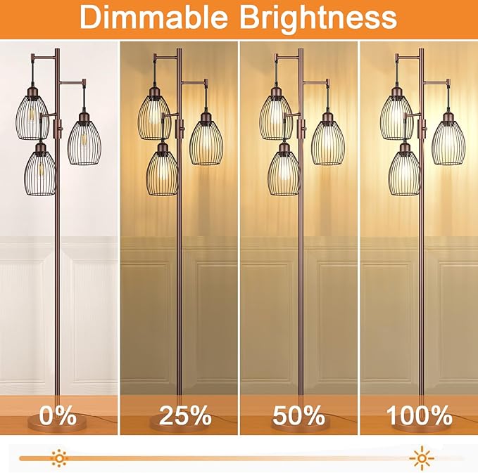 Dimmable Farmhouse Industrial Floor Lamp, Matte Brown Tree Standing Tall Lamps with 3 Elegant Teardrop Cage Head & 800 Lumens LED Edison Bulbs for Living Room Bedroom Office Dining Room