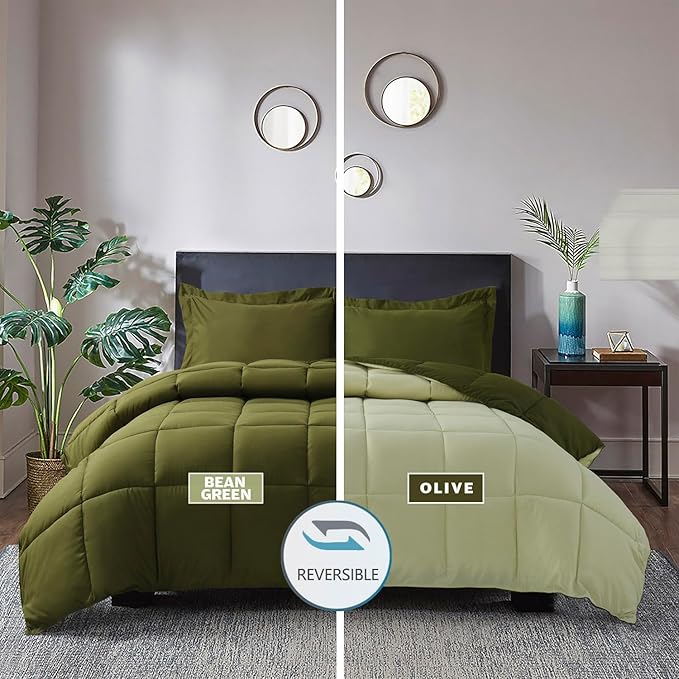 HIG 3pc Olive Green Queen Comforter Set - All Season Reversible Down Alternative Comforter with Two Shams - Quilted Duvet Insert with Corner Tabs - Box Stitched - Breathable, Soft, Fluffy