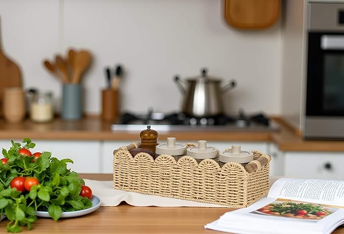 CubesLand Scalloped Edge Decor Baskets for Home, Living Room, Toilet Paper Storage Basket for Over Toilet Shelf, End Table,Shelves and More, Small Paper Rope Baskets Both Storage&Decor, Set 2 Beige