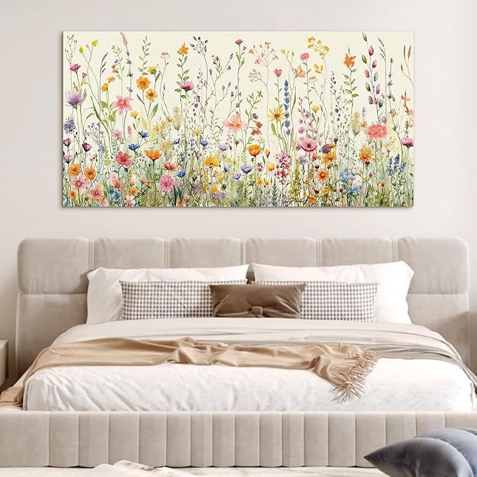 HPINUB Colorful Flower Framed Canvas Wall Art Set, Watercolor Daisy Floral Wall Decor, Wildflower Green Leaf Wall Painting, Multicolour Botanical Art Print for Living Room, Bedroom, Office - 20"x40"