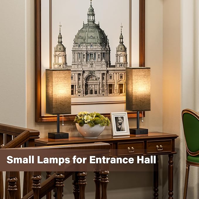 Black Table Lamps for Bedroom Set of 2 - Nightstand Lamp with AC Outlet Charging Port, 3 Color Temperatures Desk Light with Bulb, Small Tabletop Reading Lamp for Living Room/Dorm/Office