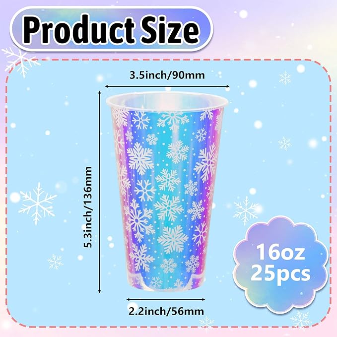 25 Winter Plastic Cups Iridescent Snowflake Party Cups 16oz Frozen Shiny Snowflakes Disposable Drinking Cups for Birthday Wedding New Year Holiday Party Supplies (16oz)