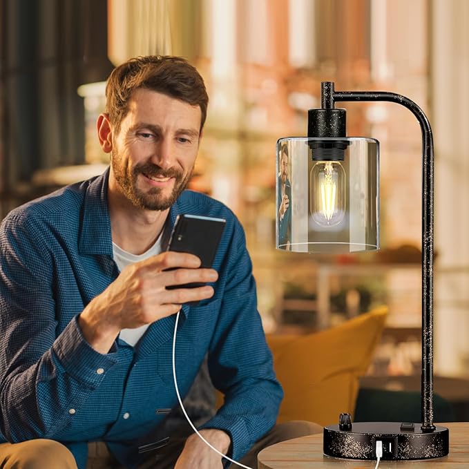 Set of 2 Industrial Table Lamps with USB Port, Rustic Black Fully Stepless Dimmable Bedside Lamps for bedrooms, Nightstand Desk Lamps with Clear Glass Shade for Reading Living Room Office 2 LED Bulb