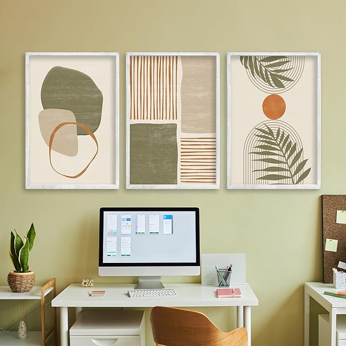 Boho Geometric Green Polygon Tropical Leaves Illustrations Wall Art 16"x24" Wood Set Of 3 Framed Abstract Shapes Sign Modren Living Room Bedroom Office Neutral Print Wall Hang Decor (White)