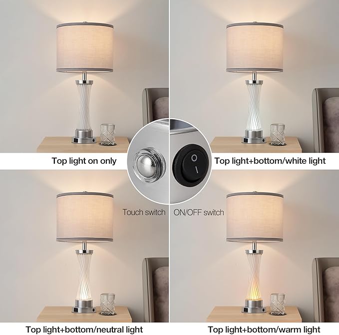 3-Way Dimmable Table Lamp Set of 2,Touch Control Lamp with Night Light,Modern Crystal Table Lamps for Bedroom,Living Room，Bedside Lamps with USB A+C Ports，Fabric Lampshade(Blubs Included)