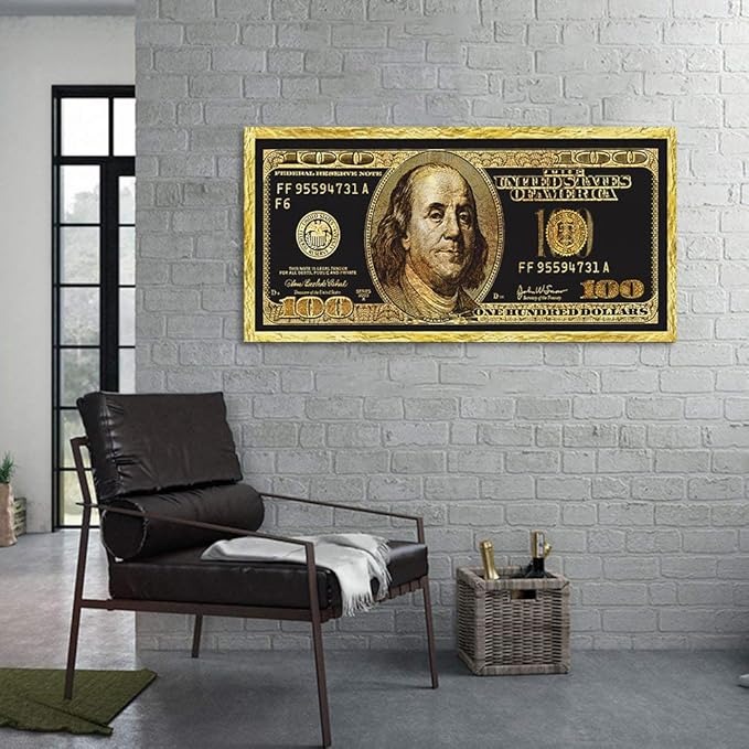 Golden Dollar Wall Painting Giclee Canvas Artwork 100 Dollar Money Poster and Print Creative 100 Bill Art Print Modern Home Decor Painting HD Print for Living Room Bedroom Frame Easy to Hang-32"Wx16"H