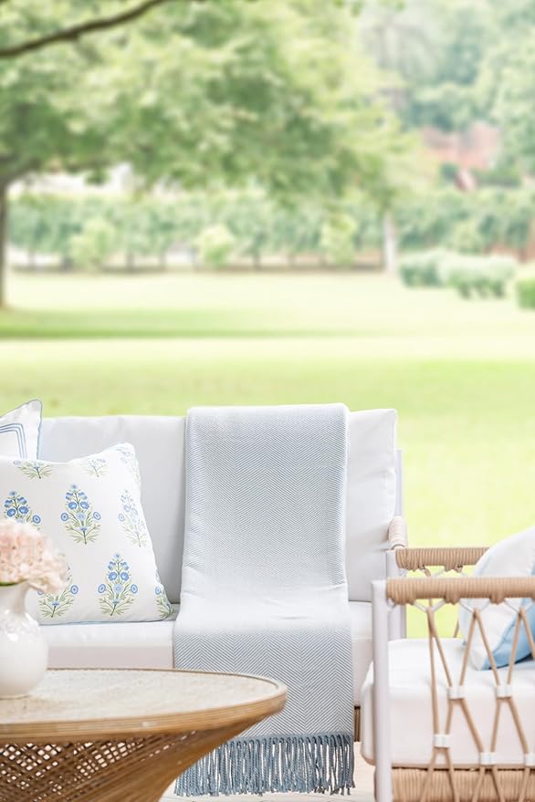 Hofdeco Premium Coastal Decorative Throw Blanket for Patio Couch Sofa, Baby Blue Herringbone with Fringe, 52"x72"