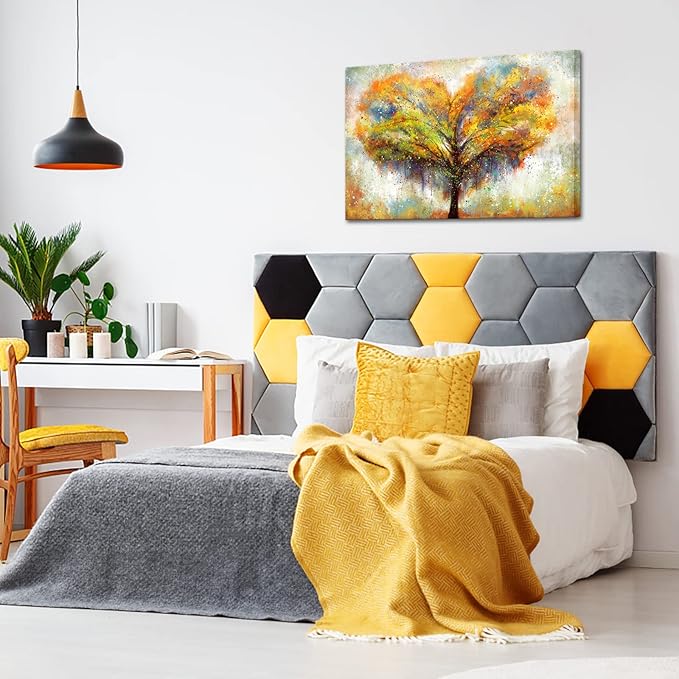 Biuteawal Tree Wall Art Love Heart-Shaped Tree Picture Orange Painting Prints Country Artwork Contemporary Home Farmhouse Living Room Bedroom Decoration Framed Ready to Hang