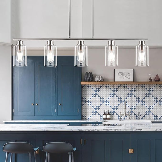 Kitchen Island Light, 5-Light Pendant Lighting, Farmhouse Dining Room Light Fixtures for Kitchen Island Dining Living Room, Brushed Nickel with Clear Glass Shade