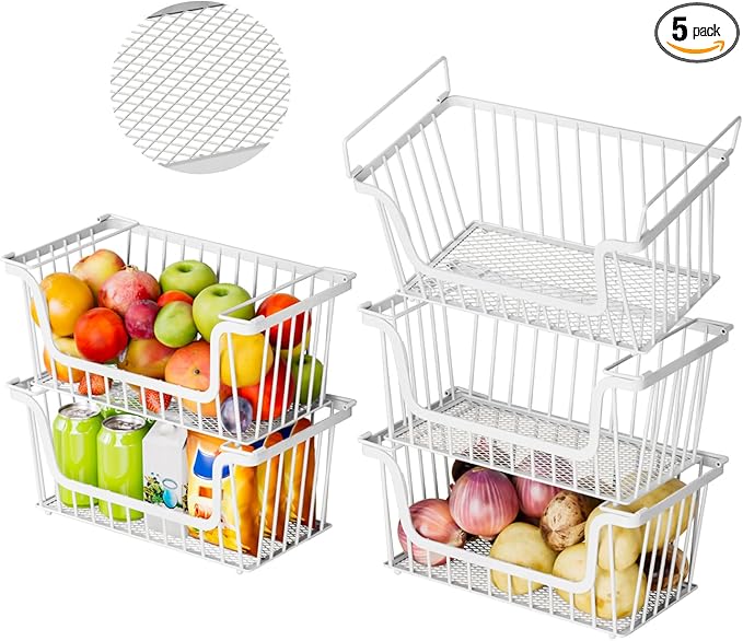 Enhanced Leak-Proof Bottom Stackable Wire Baskets, 5 Pack Pantry Organizers and Storage, pantry storage，Shelf Baskets, Fruit Basket, Potato and Onion Storage Bins，(White)