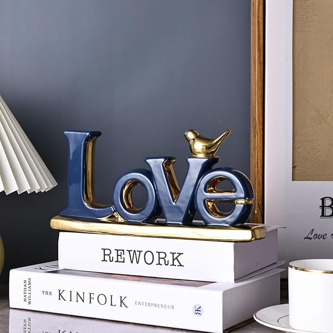 Love Sign Decoration,Blue and Gold Love Signs for Home Decor Statue,Modern Bird Sculpture Personalized Love Decor,Gold Style Figurine Decorative Ornaments for Living Room,Bedroom,Desktop,Cabinets
