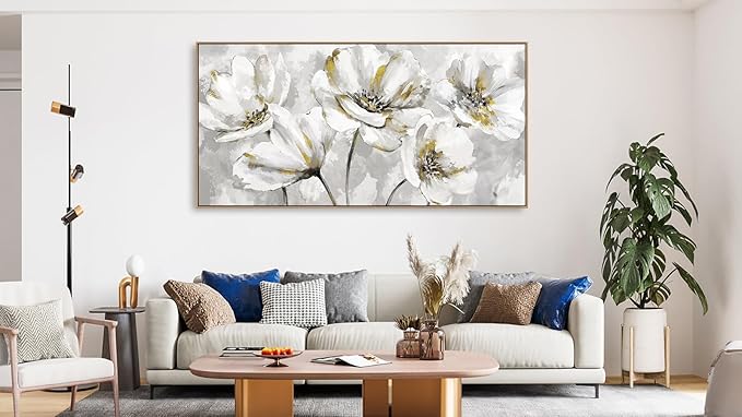 arteWOODS Flowers Framed Wall Art - Gray White Flowers with Yellow Accents Canvas Pictures Wall Decor Botanical Painting Artwork Elegant Floral Prints Living Room Bedroom 40 x 20in Natural Wood Frame