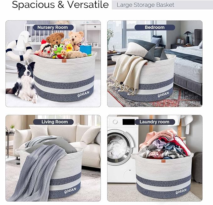 Extra Large Laundry Basket 22" X 22"X 14" XXXL Cotton Rope Woven Basket for Blankets Storage Basket with Handles for Living Room (Dark Grey/Beige)