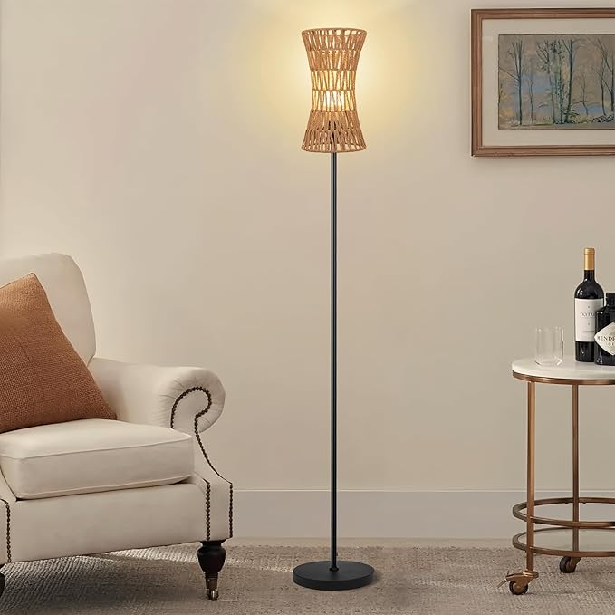 Floor Lamp for Living Room,Slim Waist Rattan Floor lamp,Modern Standing lamp with Bohemia Rattan Shade,Black Tall Lamp with Foot Switch