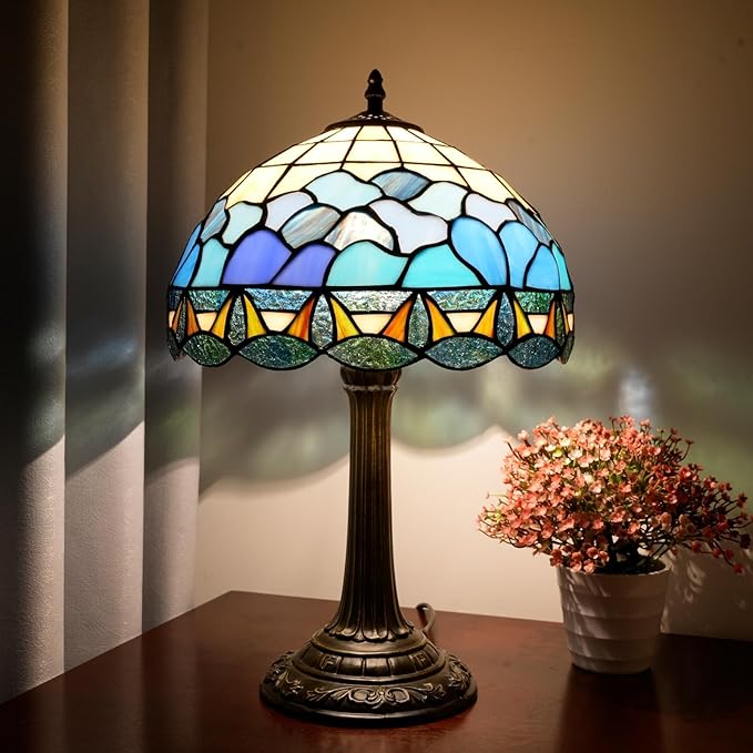 Tiffany Lamp 12 Inch Stained Glass Lamp Blue And White Sea Wave Tiffany Style Vintage Reading Bedside Lamp Can Be Used For Bedroom Dormitory Living Room Warm Atmosphere Retro Home Decoration Gifts