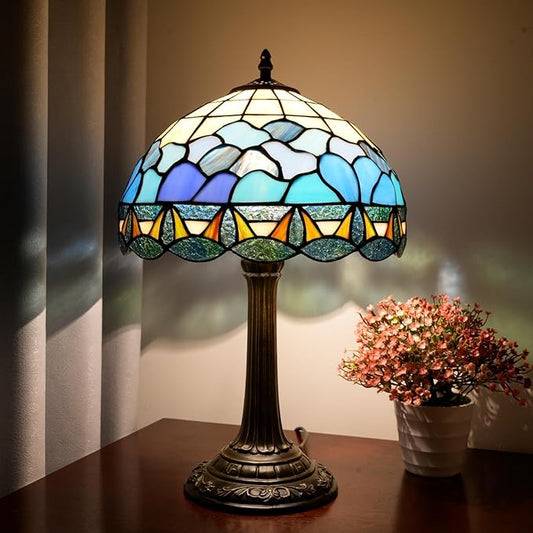 Tiffany Lamp 12 Inch Stained Glass Lamp Blue And White Sea Wave Tiffany Style Vintage Reading Bedside Lamp Can Be Used For Bedroom Dormitory Living Room Warm Atmosphere Retro Home Decoration Gifts