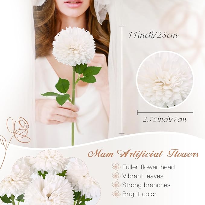 Floweroyal 24pcs Artificial Chrysanthemum Ball Flowers, Fake Mums Silk Hydrangea Bridal Wedding Bouquet for Home Garden Party Office Coffee House Decoration (White)