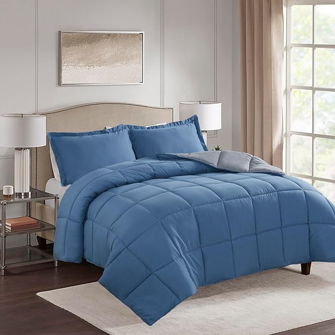 HIG 3pc Dusty Blue King Size Comforter Set - All Season Reversible Down Alternative Comforter with Sham - Quilted Duvet Insert with Corner Tabs - Box Stitched Blanket - Breathable, Soft, Fluffy