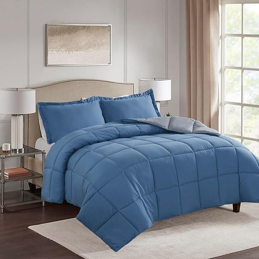 HIG 3pc Dusty Blue Twin/Twin XL Comforter Set - All Season Reversible Down Alternative Comforter with Sham - Quilted Duvet Insert with Corner Tabs - Box Stitched Blanket - Breathable, Soft, Fluffy
