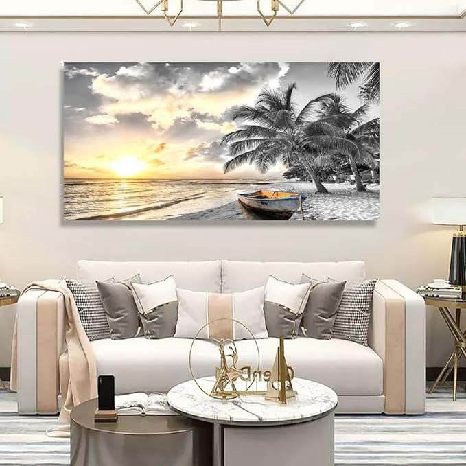 Black and White Beach Pictures Canvas Wall Art for Living room Bedroom Wall Decor,Seascape Wall Art Print Paitnings for home Decor,Morden Artwork Sunset Canvas Art Waterproof Stretched Ready to